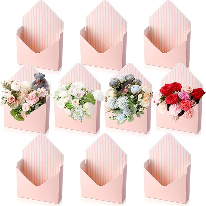 Geyee 10 Pcs Mother's Day Florist Bouquet Envelope Boxes Pink Flower Bouquet Packaging Gift Paper Wrapping Flower Bags for...
