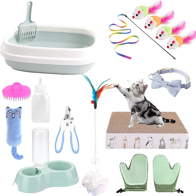 Kitten Starter Kit - 16 Pcs Cat Essentials Set Includes Litter Box, Toys, Collars, Scratch Pad, Nail File, Automatic Feed ...