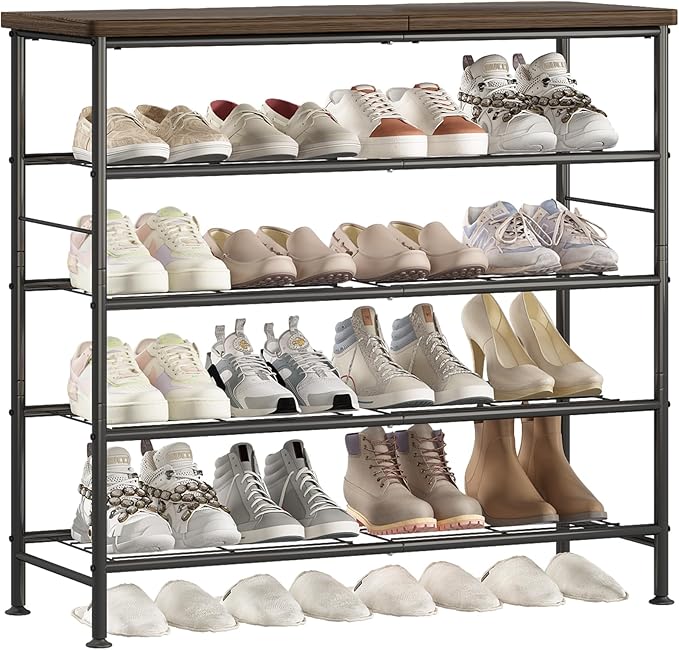 SUOERNUO Shoe Rack Organizer 5 Tier for Closet Entryway Free Standing Metal Storage Shoe Shelf with MDF Top Board，Black+Ru...