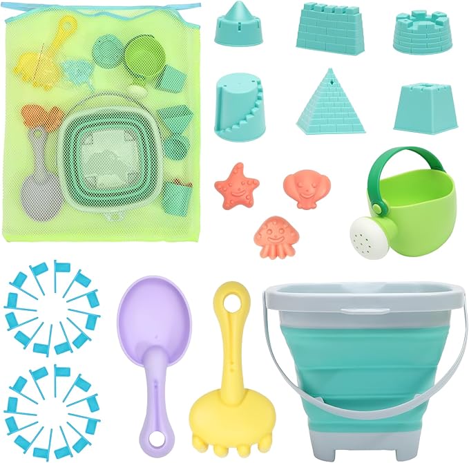 RACPNEL Beach Toys Sand Set for Kids, Collapsible Bucket and Shovels with Mesh Bag, Molds, Flags, Sandbox Kids Toddlers, T...