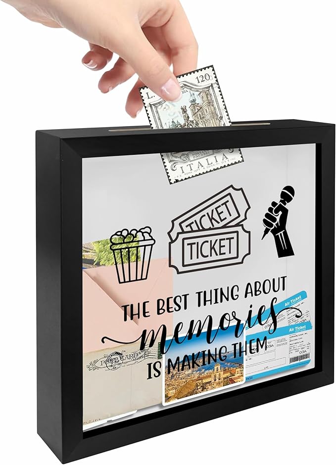 8 x 8 Inch Wooden Shadow Box Frame with Shelves Slot - The Best Thing About Memories is Making Them - Money Savings Bank T...