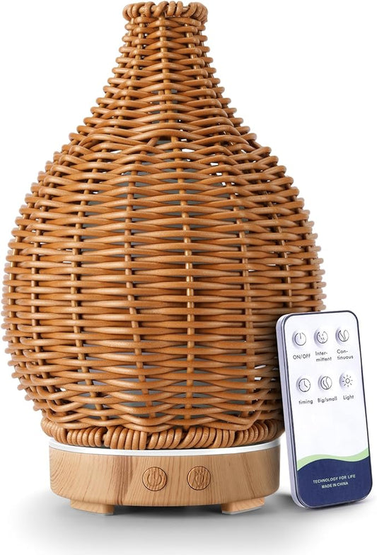 Boho Essential Oil Diffuser for Home Rattan Weaving with Remote Control, 100mL 7 Changing Color Lights Ultrasonic Aroma Hu...