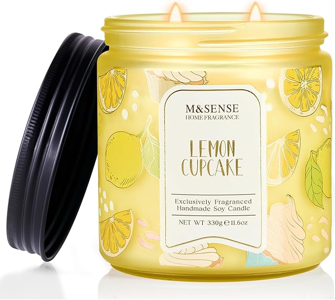 M&SENSE Lemon Vanilla Cupcake Scented Candle, 11.6oz Natural Soy Wax, 70 Hours Long Lasting Clean Burn, Citrus Vanilla Sce...