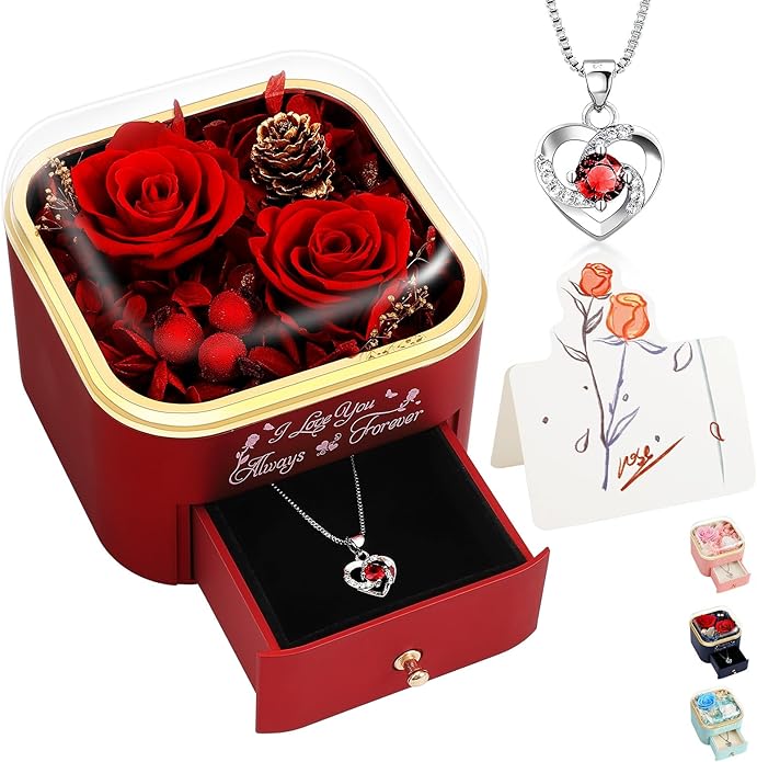 minstely Preserved Rose Gift Box with Necklace for Women, Forever Real Rose Jewelry Box for Mom Wife Girlfriend, Red Flowe...