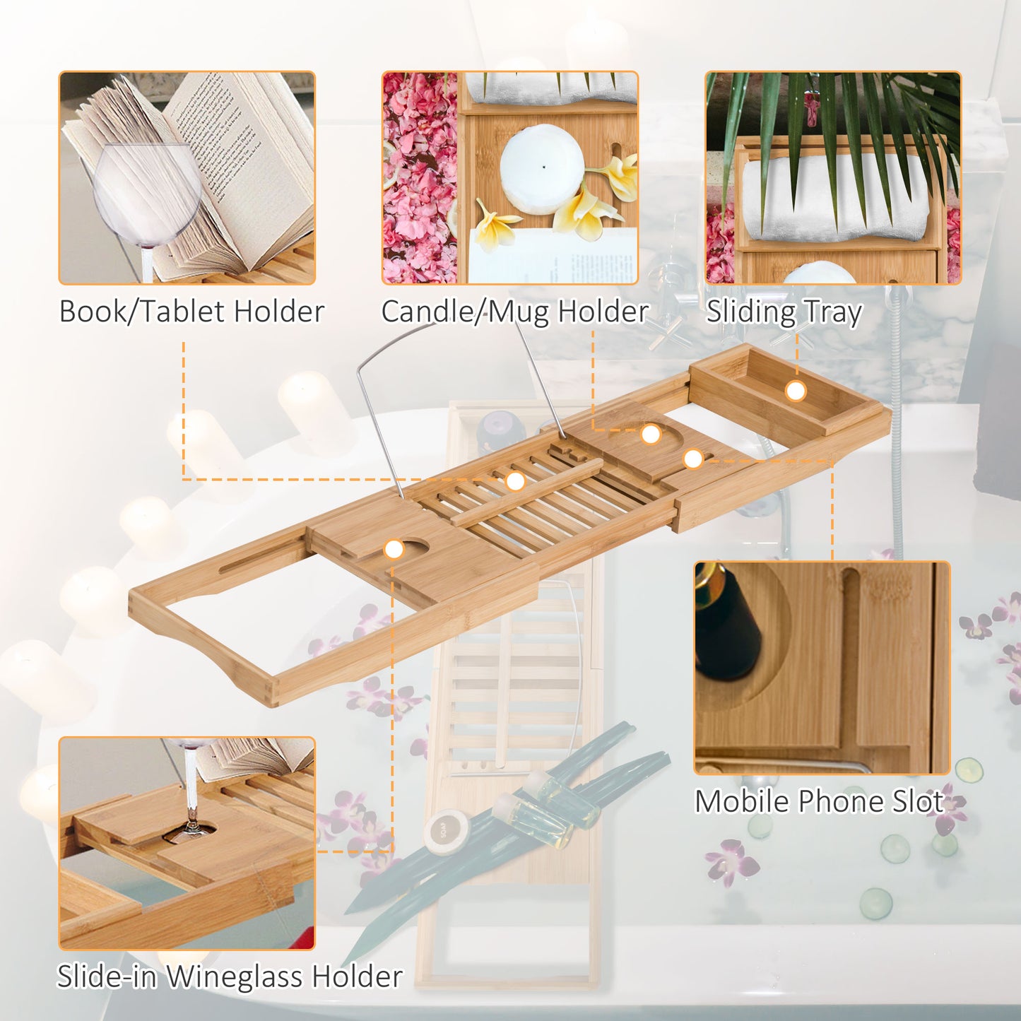 Extendable Bamboo Bathtub Shelf Rack Bath Caddy Tray Bathroom Storage, Set Of 2