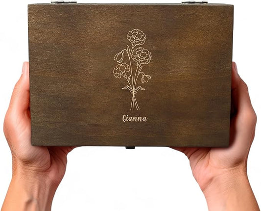 Personalized Birth Flower Memory Box – Custom Engraved Wooden Keepsake Chest with Floral Design | Jewelry, Photos & Mement...