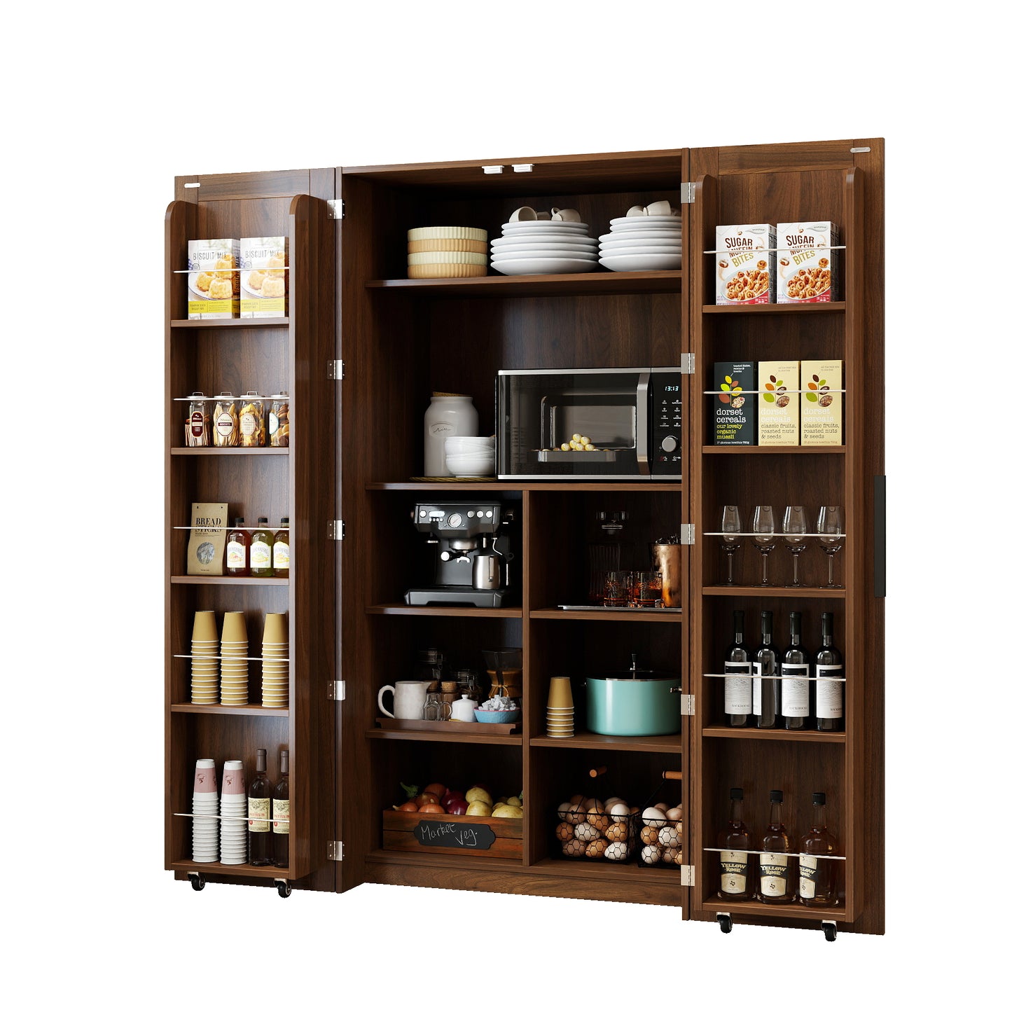 Kitchen Pantry Cabinet, Walnut Freestanding Buffet Cupboards Sideboard With Doors & Shelves, Kitchen Pantry Storage Cabinet For Kitchen, Living Room And Dinning Room