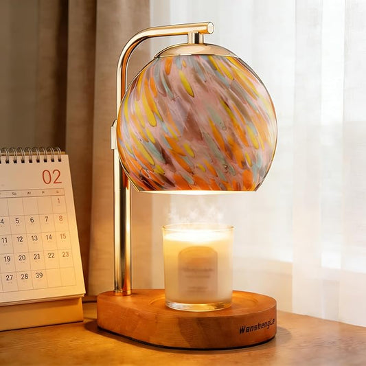 WangshengLe Stained Glass Candle Warmer Lamp with Dimmable 7-Level Brighness, Adjustable Height with 2/4/8H Timer, Home De...