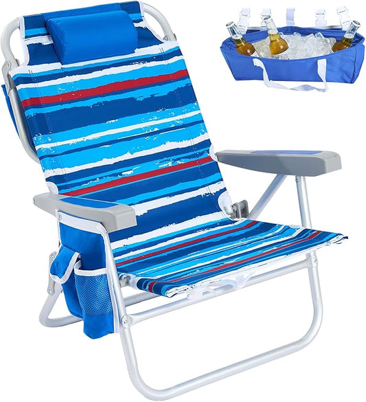 SUNNYFEEL Low Beach Chair 5 Position Lay Flat, Portable Folding Backpack Beach Chairs Heavy Duty with Cooler Bag, Cup Hold...