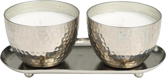 Deco 79 Metal Decorative Candle Sweet Bamboo Scented Hammered 10 oz 1 Wick Aromatherapy Candle with White Wax, Set of 2 Wa...