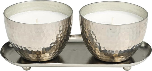 Deco 79 Metal Decorative Candle Sweet Bamboo Scented Hammered 10 oz 1 Wick Aromatherapy Candle with White Wax, Set of 2 Wa...