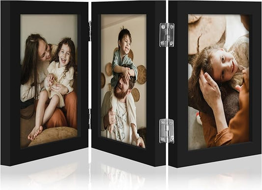 decorUhome Triple 4x6 Picture Frame Vertical, Engineered Wood Trifold Photo Frame with Plexiglass for Tabletop Display, 4x...
