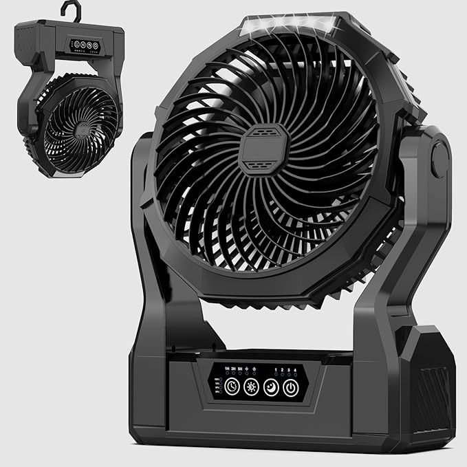 XZK Camping Fan, 20000mAh Rechargeable Battery Powered Fan with LED Lantern, Cordless Portable Tent Fan with Hanging Hook,...