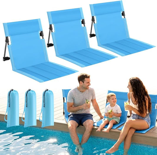 3 Pack Portable Poolside Chairs, Foldable Beach Chairs for Adults, Lightweight Legless Ground Seat with Carry Bag, Small B...