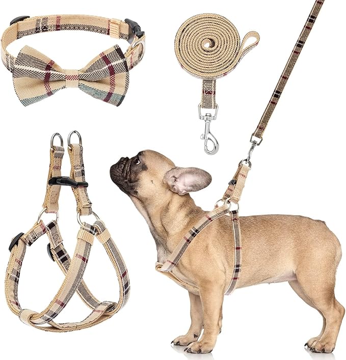BINGPET Dog Harness Collar Leash Set,Adjustable No Pull Escape Proof Small Dog Harness,Classic Plaid Puppy Harness and Lea...