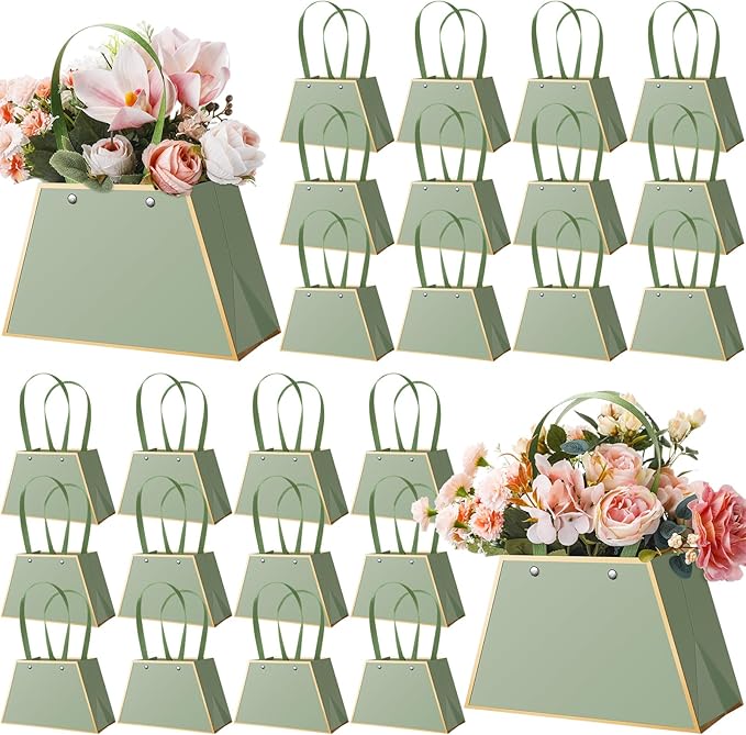 Noveread 24 Pcs Mother's Day Floral Gift Bags Bulk Portable Flower Bouquet Wrapping Paper Bag with Handle Waterproof Flori...