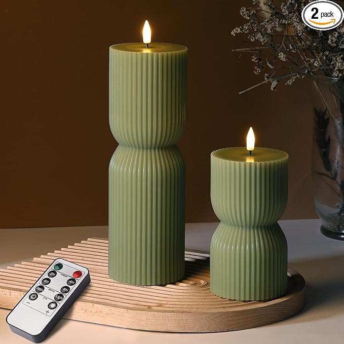 Girimax Olive Green Ribbed Flameless Pillar Candles with Remote, LED Candles Battery Operated Flickering Real Wax Set of 2