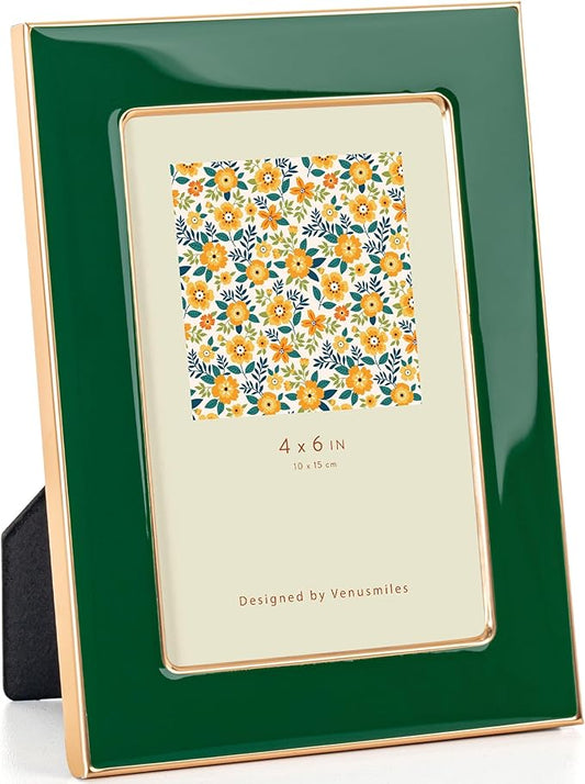 Venusmiles 4x6 Enamel Picture Frame, Gold Metal Edge with Easel, Real Glass Photo Frame for Wall and Tabletop Display Fami...