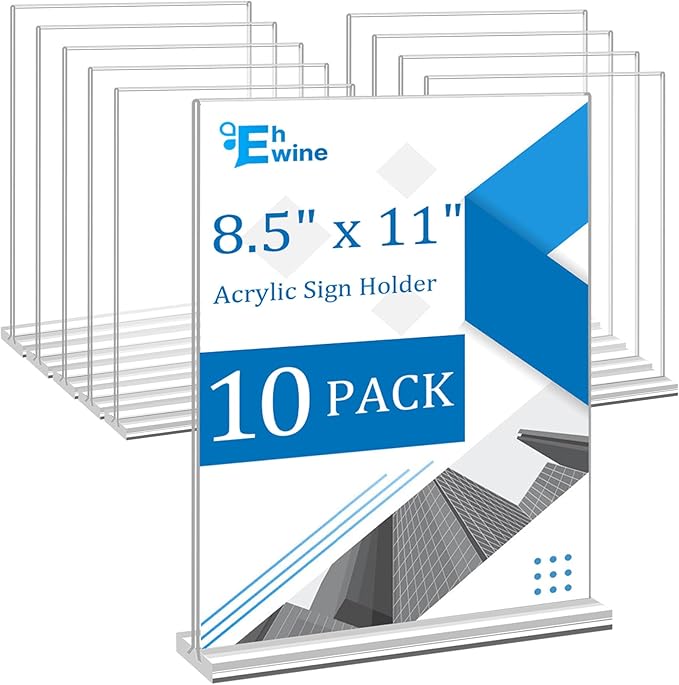 EHWINE Acrylic Sign Holder 8.5 x 11, 10 Pack Double-Sided Stand up Table Top Sign Holders, Clear Acrylic Picture Frame Men...