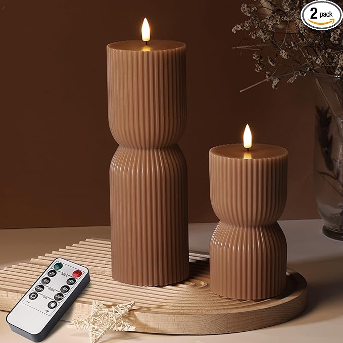 Girimax Warm Brown Ribbed Flameless Pillar Candles with Remote, Real Wax Flickering Battery LED Candles Christmas Decor Gi...