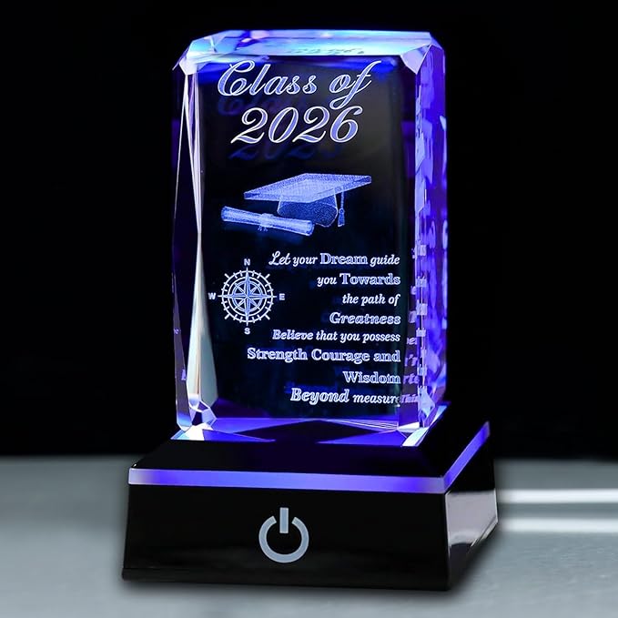 Class of 2026 Graduation Gift, Class of 2026 3D Crystal Laser Engraved Plaque with Glowing LED Base, Meaningful Senior Gif...