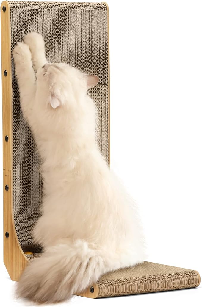 FUKUMARU Cat Scratcher, 26.8 Inch L Shape Cat Scratch Pad Wall Mounted, Cat Scratching Cardboard with Ball Toy for Indoor ...