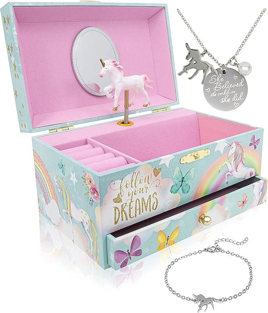 The Memory Building Co Unicorn Musical Jewelry Box Plays Classic Melody, Storage Organizer Music Box for Kids Ages 6-12, M...