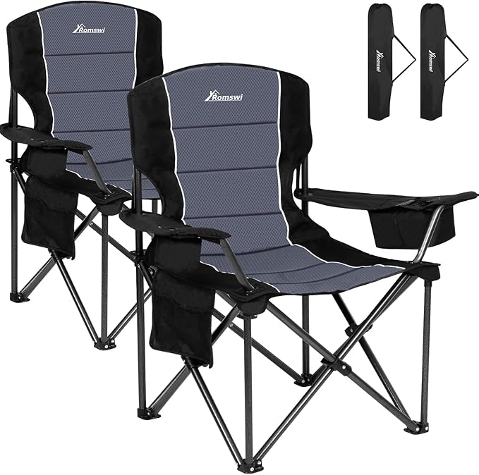 Romswi Oversized Camping Chairs,Heavy Duty Support 500 LBS,Padded Back & Arm Sport Chairs, Cup Holder Cooler Bag, Collapsi...
