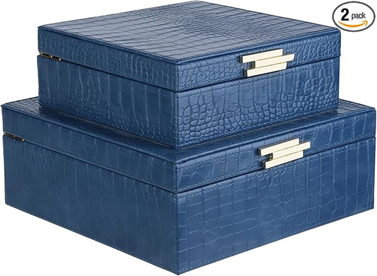HofferRuffer Square Decorative Boxes, Set of 2 Nesting Storage Memory Keepsake Boxes with Lids, Stylish PU Leather Trinket...