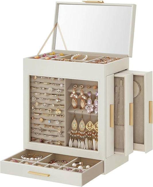 SONGMICS Jewelry Box with Glass Window, 5-Layer Jewelry Organizer with 3 Side Drawers, Jewelry Storage, with Big Mirror, M...