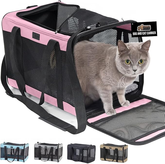 GORILLA GRIP Cat Carrier Travel Bag Up to 15 Lbs, Soft Collapsible Small Dog Carriers, Top and Side Entry Breathable Mesh,...