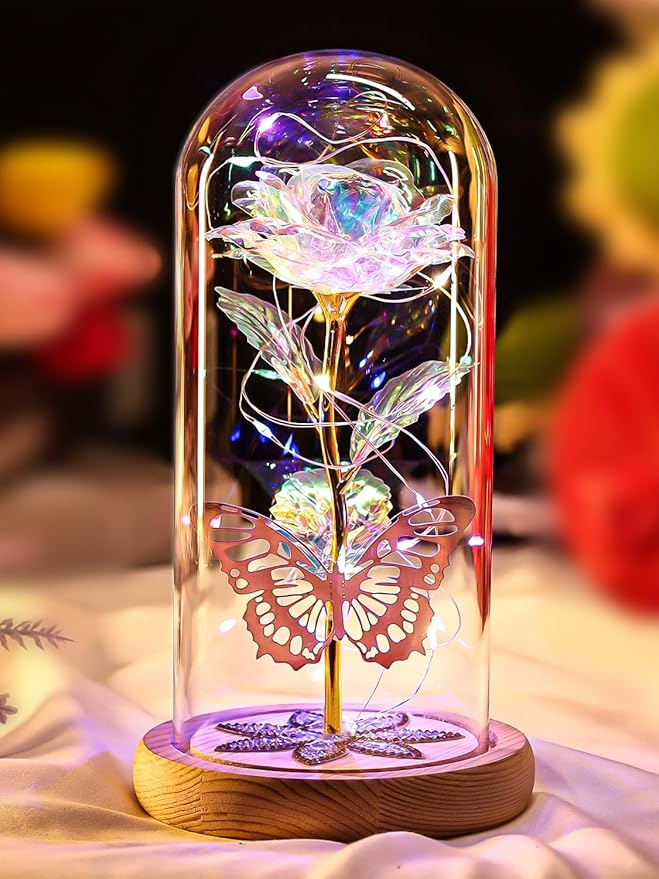 Mothers Day Rose Gifts for Mom Galaxy Glass Roses Preserved Forever Flowers for Delivery Light Up Rose in Glass Dome Anniv...