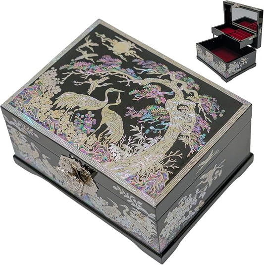 February Mountain Mother-of-Pearl Crane Jewelry Box | Wooden Make | Two-Layer Velvet Interior | Mirror Lid | Lacquer Finis...