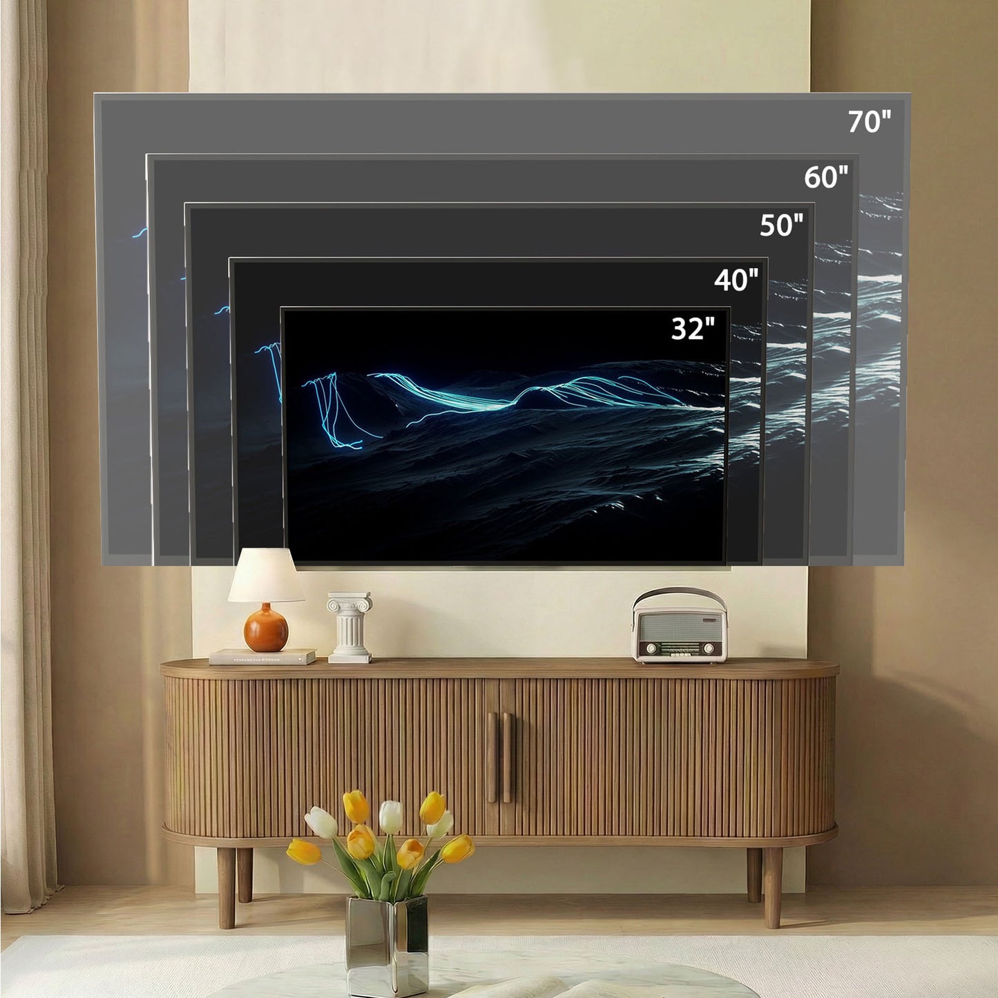 63in Fluted TV Stand Modern Media Console Table Entertainment Center With Sliding Door And Solid Wood Legs For Living Room Bedroom Office