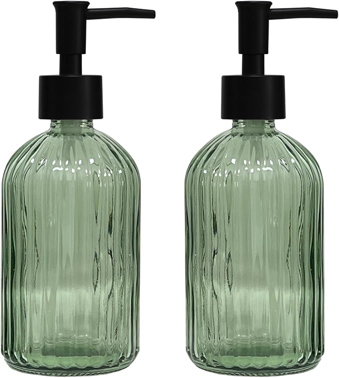 Green Glass Soap Dispenser Set with Black Pump, 13.5oz Refillable Liquid Hand Soap Dispenser, Lotion Dish Soap Dispenser f...