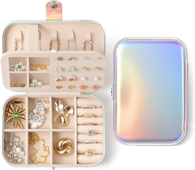 LAMU Travel Jewelry Box, Portable Jewelry Organizers and Stroage, Glowing Rainbow Small Jewelry Case for Earrings Rings Ne...