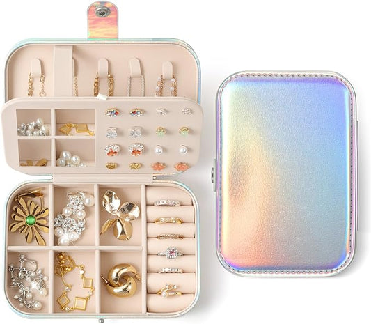 LAMU Travel Jewelry Box, Portable Jewelry Organizers and Stroage, Glowing Rainbow Small Jewelry Case for Earrings Rings Ne...