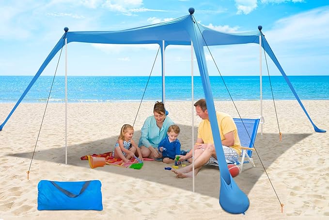 YENGIAM Beach Canopy Beach Tent UPF50+ 11x11 FT Easy to Setup Extra Windproof Rope Sun Shelter Beach Shade Canopy with 4 S...