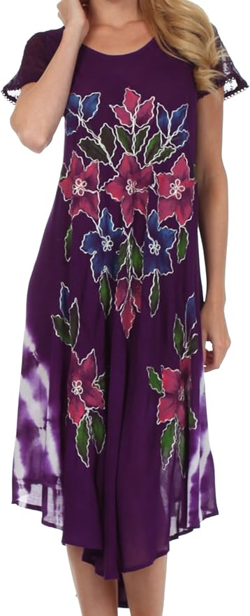 Sakkas Embroidered Painted Floral Cap Sleeve Rayon Dress