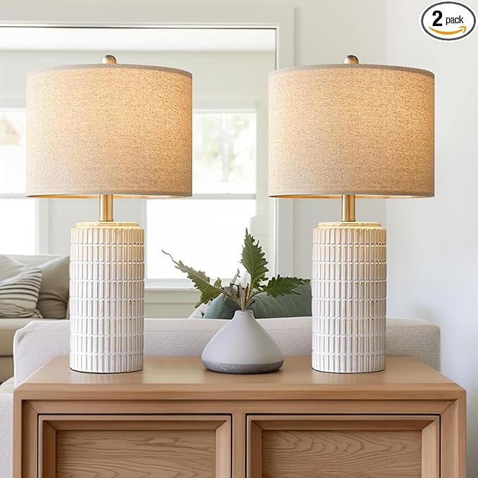 PoKat 23" Modern Ceramic Table Lamp Set of 2 for Living Room White Desk Lamps for Bedroom Farmhouse Bedside Nightstand Lam...
