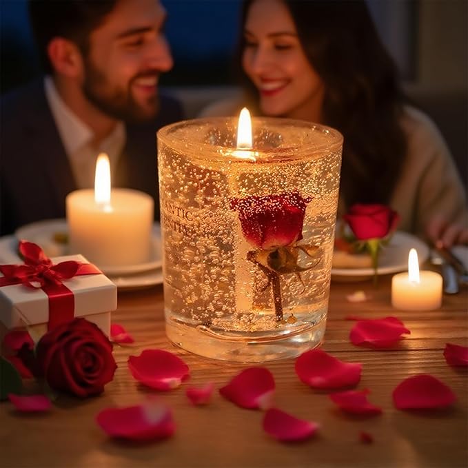 Gel Wax Candle,Sparkling Real Rose & Gold Flakes Candle in Glass Jar,Floral Scented,Smokeless Clean Burn,Glam Home Decor o...
