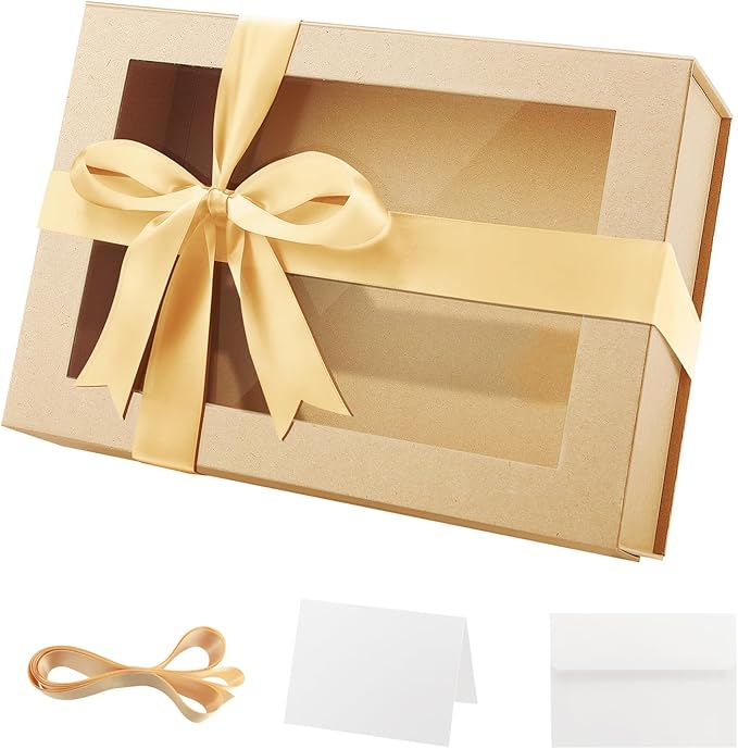 PACKQUEEN Large Kraft Gift Box with Window, 13.5x9x4.1 Inches Clear Gift Box for Present Contains Ribbon, Card, Groomsman ...