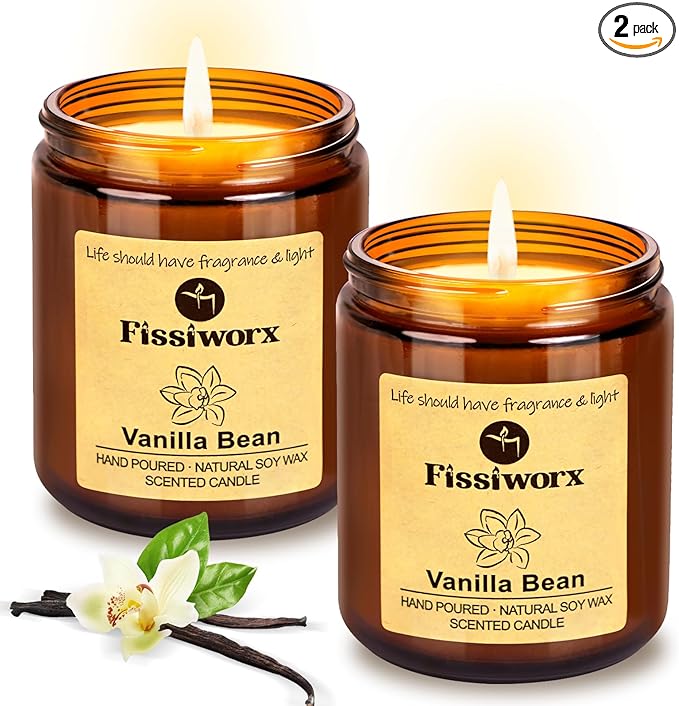 Fissiworx Vanilla Scented Candle Set 2 Pack, Candle for Home Scented, Odor Eliminating, Stress Relief, 15oz, 110 Hours Lon...