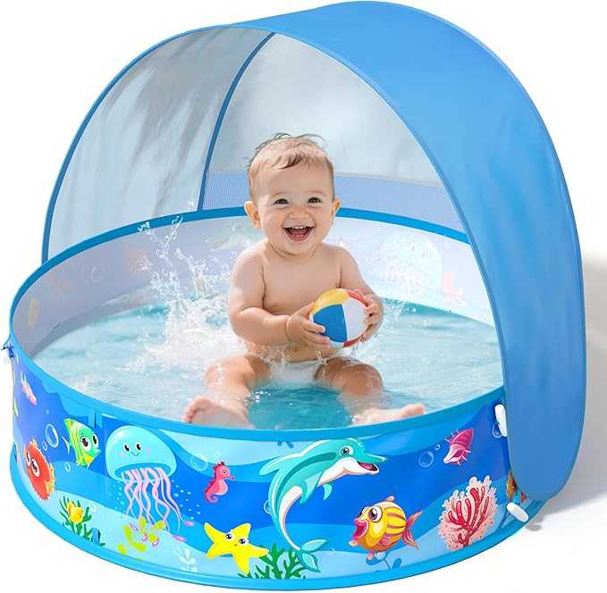 Baby Beach Tent, Pop-Up Above Ground Pool, Foldable Kiddie Pool with Sun Shelter Canopy for Ages 9-48 Months, Toddler Wadi...