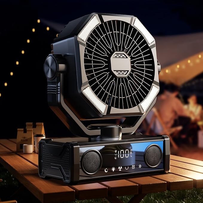 Portable fan rechargeable with 5.3 Bluetooth Speaker, 25000mAh Camping Fan with 5 Speed Touch Control & 3-Mode LED Light, ...