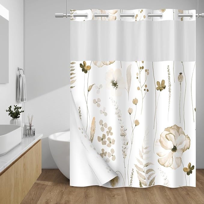 WITHLOC No Hook Shower Curtain with Snap in Liner - Floral Shower Curtain - Fabric Waterproof Inner Liner, Plants Watercol...