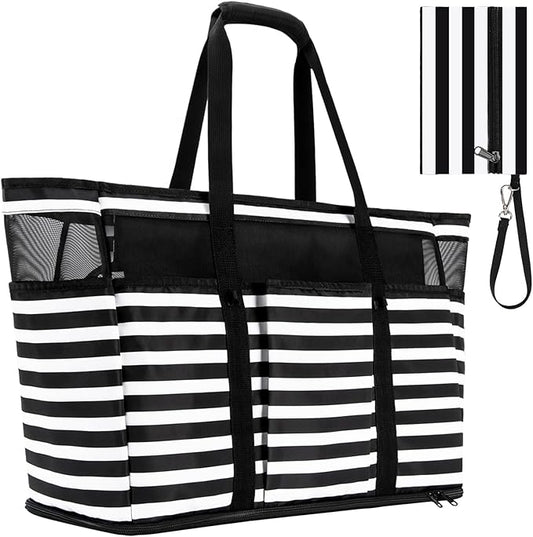 TEUEN Large Beach Bag with Zipper, 12 Pockets Waterproof Sandproof Pool Bag Womens Mesh Beach Tote Bag for Travel Vacation