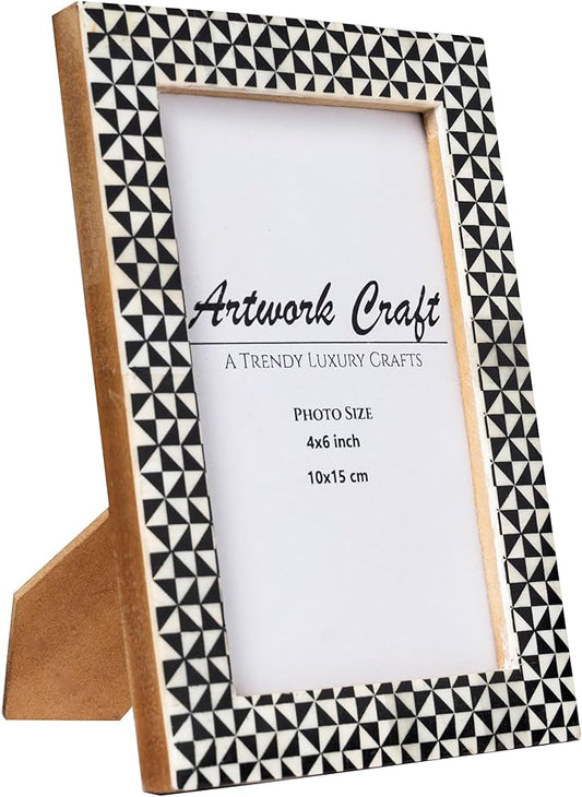 Artwork Craft Handmade Decorative White Bone Photo Frame Geometric Black Painting Vintage Boho Picture Frames For Table-To...