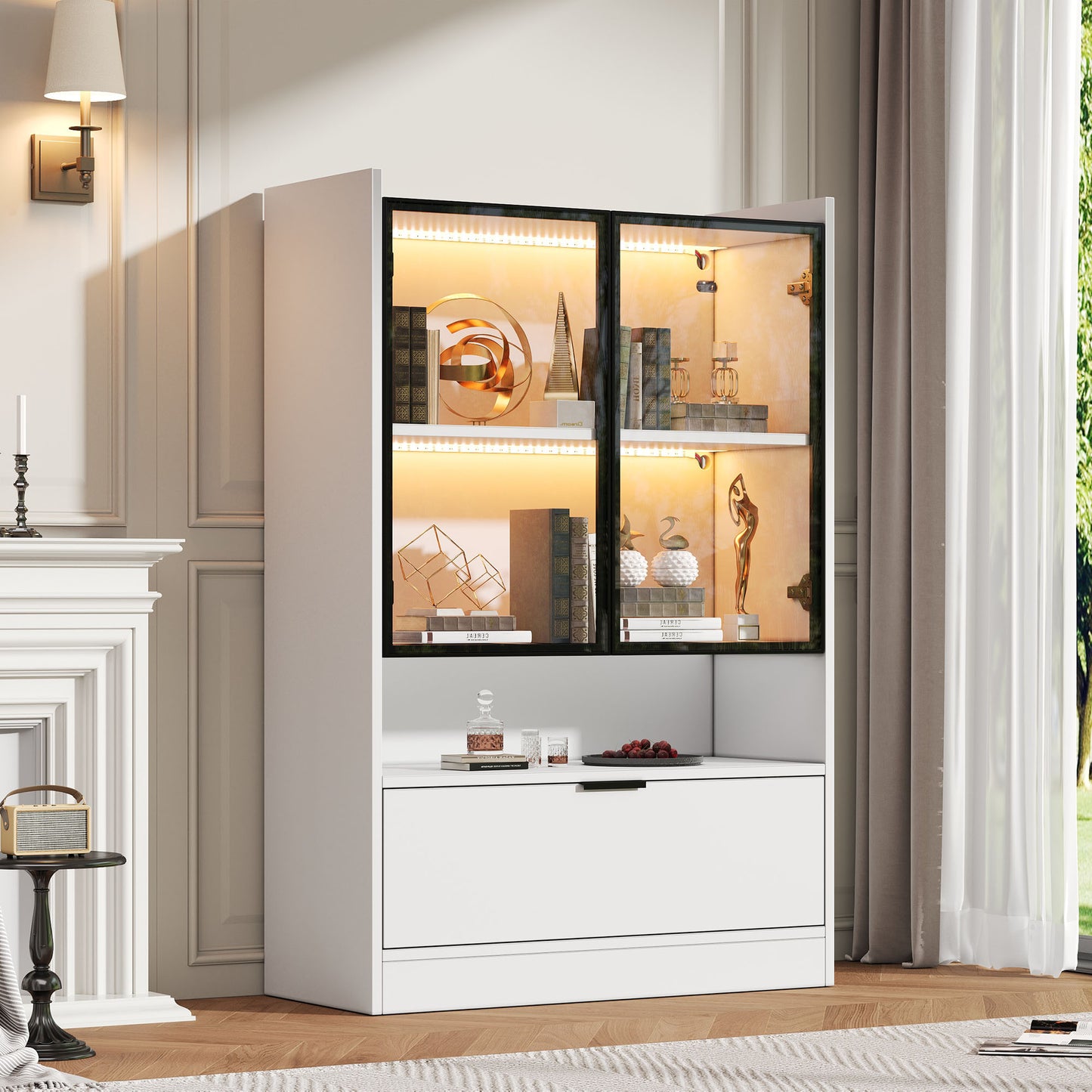 Modern LED Display Cabinet Matt Height 120cm With LED Lighting, Glass Display Cabinet Standing Display Case With Lighting, Living Room Cabinet With Glass Doors And Hinged Door, Particleboard Display C