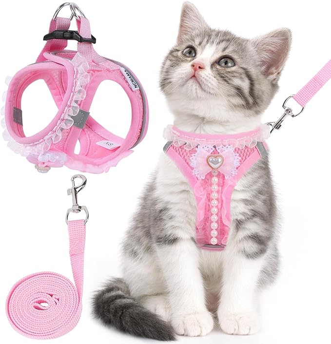 NCMAMA Cat Harness and Leash Set,Escape Proof Adjustable Kitten Harness with Cute Pink Bow,Breathable Reflective Strips Ha...
